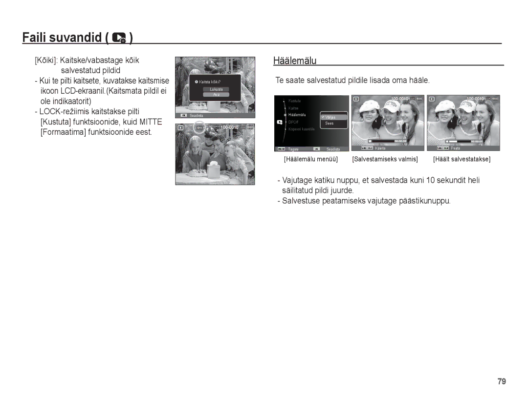 Samsung EC-PL80ZZBPSRU manual Häälemälu, Kõiki Kaitske/vabastage kõik salvestatud pildid, Formaatima funktsioonide eest 