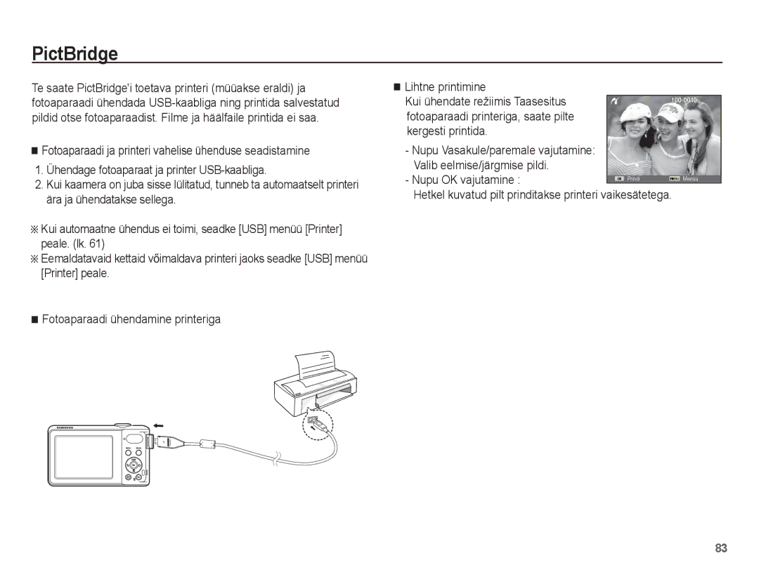 Samsung EC-PL80ZZBPSRU manual PictBridge, Nupu OK vajutamine, Hetkel kuvatud pilt prinditakse printeri vaikesätetega 