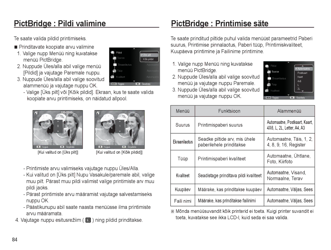 Samsung EC-PL80ZZBPBRU PictBridge Pildi valimine, PictBridge Printimise säte, Menüü PictBridge, Menüü ja vajutage nuppu OK 