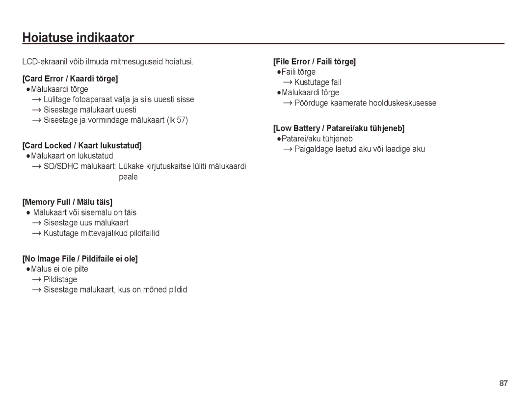 Samsung EC-PL80ZZBPSRU, EC-PL80ZZBPBRU manual Hoiatuse indikaator, LCD-ekraanil võib ilmuda mitmesuguseid hoiatusi 