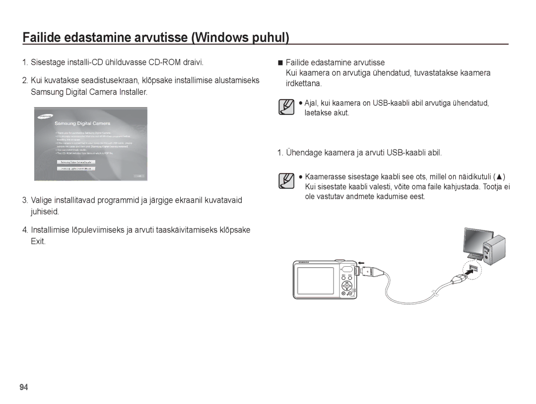 Samsung EC-PL80ZZBPBRU, EC-PL80ZZBPSRU manual Ühendage kaamera ja arvuti USB-kaabli abil 