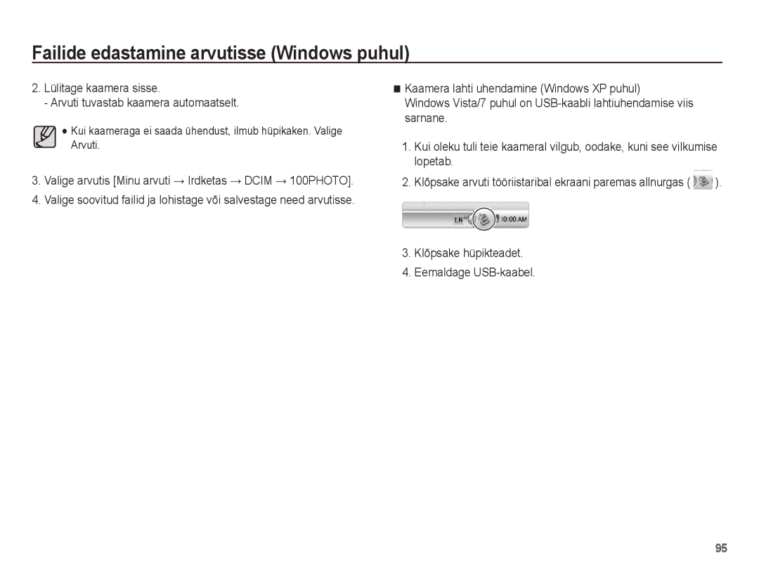 Samsung EC-PL80ZZBPSRU, EC-PL80ZZBPBRU manual Lülitage kaamera sisse Arvuti tuvastab kaamera automaatselt 