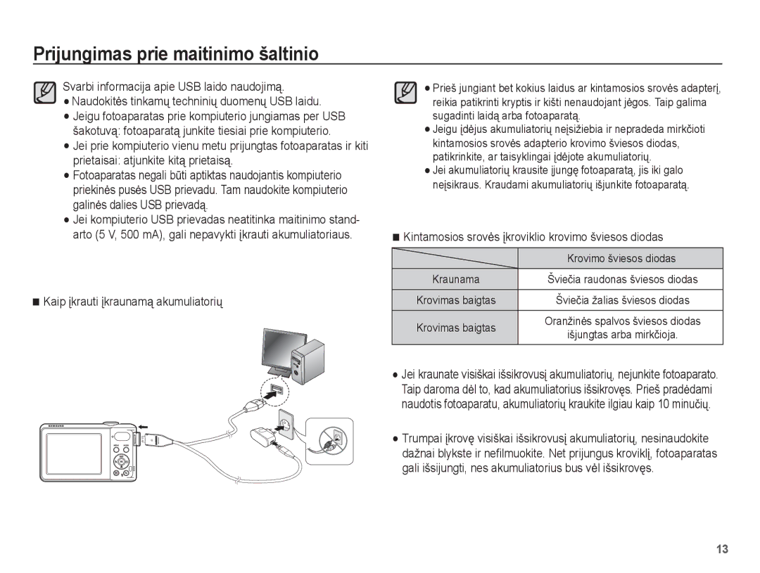 Samsung EC-PL80ZZBPSRU manual Kaip Ƴkrauti Ƴkraunamą akumuliatoriǐ, Kintamosios srovơs Ƴkroviklio krovimo šviesos diodas 