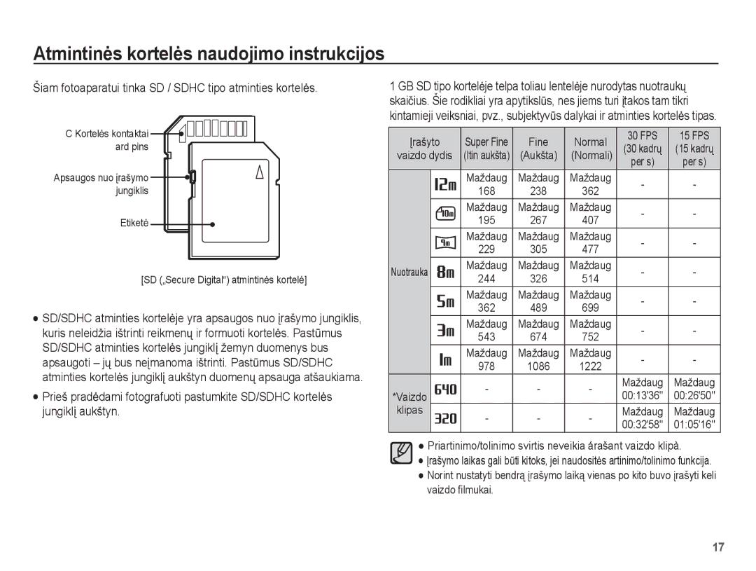 Samsung EC-PL80ZZBPSRU, EC-PL80ZZBPBRU manual Šiam fotoaparatui tinka SD / Sdhc tipo atminties kortelơs, Maždaug 