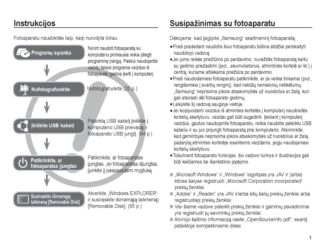 Samsung EC-PL80ZZBPSRU Instrukcijos, Susipažinimas su fotoaparatu, Nufotografuokite 20 p, Patikrinkite, ar fotoaparatas 