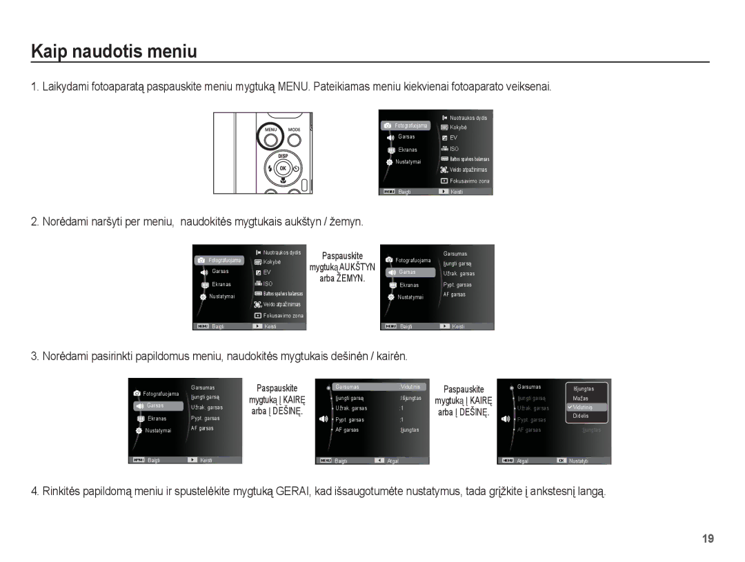 Samsung EC-PL80ZZBPSRU, EC-PL80ZZBPBRU manual Kaip naudotis meniu, Arba Žemyn 