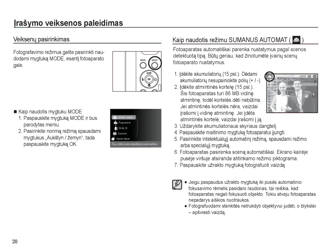 Samsung EC-PL80ZZBPBRU manual Ʋrašymo veiksenos paleidimas, Veiksenǐ pasirinkimas Kaip naudotis režimu Sumanus Automat 