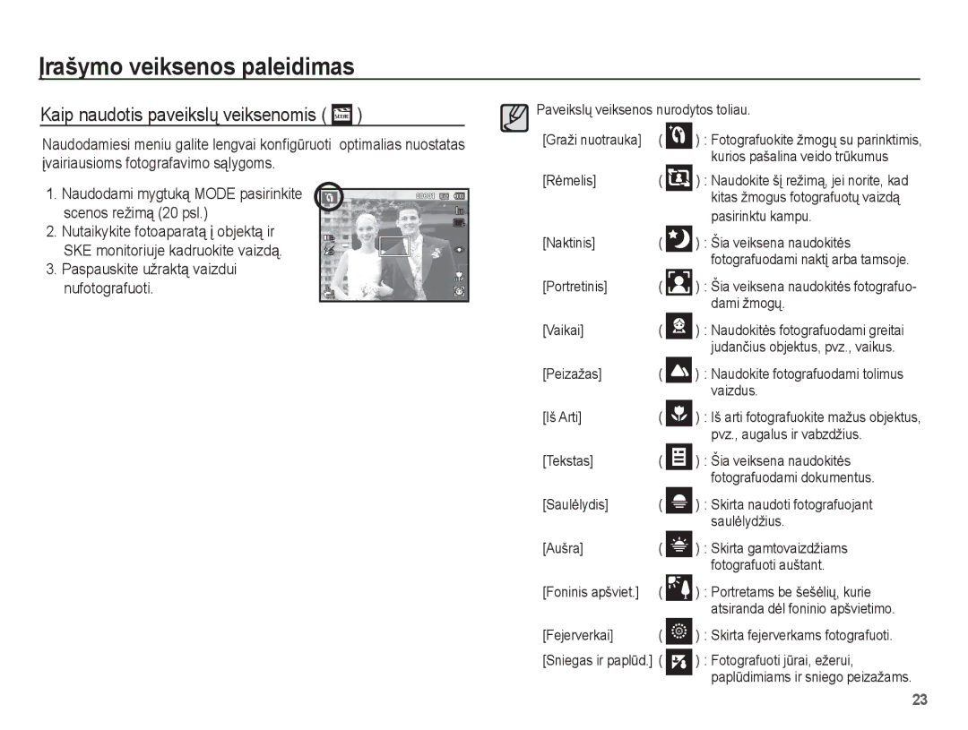 Samsung EC-PL80ZZBPSRU manual Kaip naudotis paveikslǐ veiksenomis, Naudodami mygtuką Mode pasirinkite scenos režimą 20 psl 