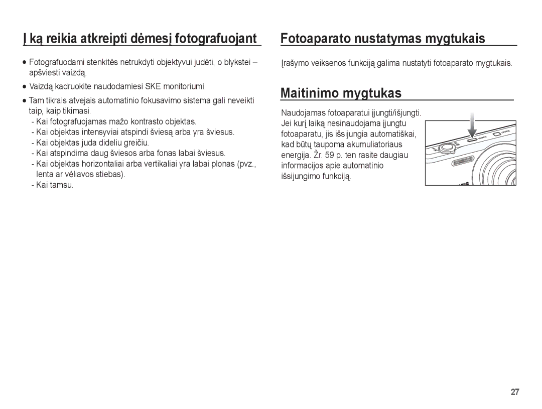 Samsung EC-PL80ZZBPSRU, EC-PL80ZZBPBRU manual Fotoaparato nustatymas mygtukais, Maitinimo mygtukas 