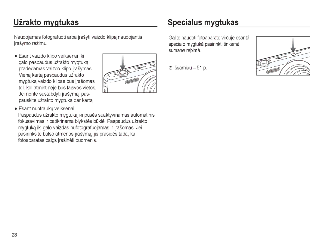 Samsung EC-PL80ZZBPBRU, EC-PL80ZZBPSRU manual Užrakto mygtukas, Specialus mygtukas, Esant nuotraukǐ veiksenai, Išsamiau 51 p 