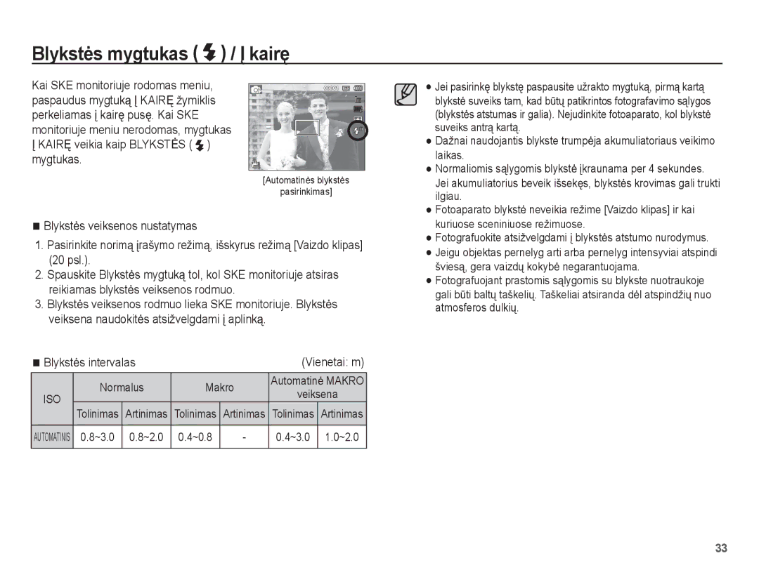 Samsung EC-PL80ZZBPSRU, EC-PL80ZZBPBRU manual Blykstơs mygtukas / Ʋ kairĊ, Blykstơs intervalas, Normalus, ~0.8 ~3.0 1.0~2.0 