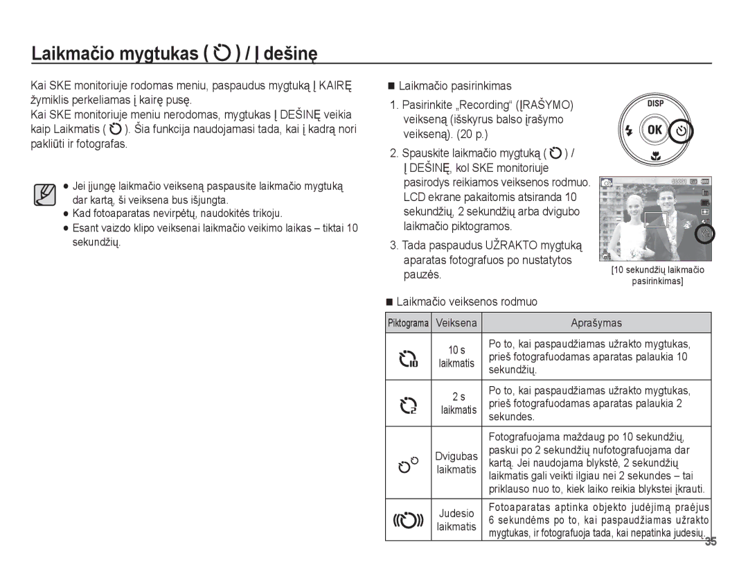 Samsung EC-PL80ZZBPSRU, EC-PL80ZZBPBRU manual Laikmaþio mygtukas / Ʋ dešinĊ, Laikmaþio veiksenos rodmuo 