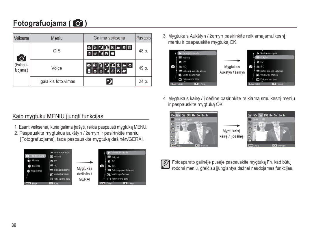 Samsung EC-PL80ZZBPBRU, EC-PL80ZZBPSRU manual Kaip mygtuku Meniu įjungti funkcijas, Voice 49 p 