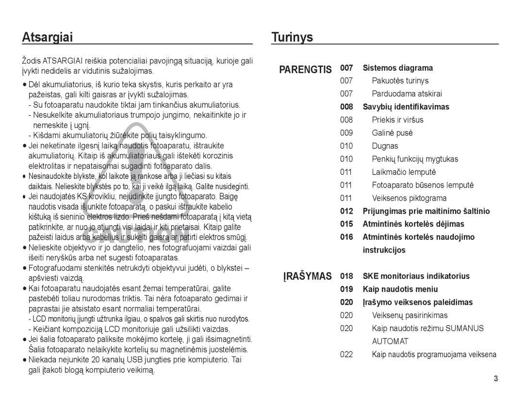 Samsung EC-PL80ZZBPSRU, EC-PL80ZZBPBRU manual Atsargiai Turinys, Keiþiant kompoziciją LCD monitoriuje gali užsilikti vaizdas 