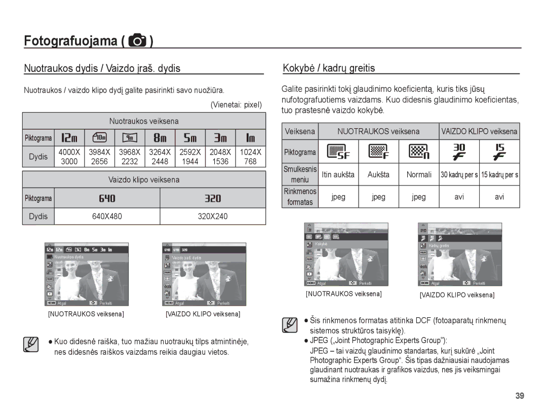 Samsung EC-PL80ZZBPSRU, EC-PL80ZZBPBRU manual Nuotraukos dydis / Vaizdo Ƴraš. dydis, Kokybơ / kadrǐ greitis 