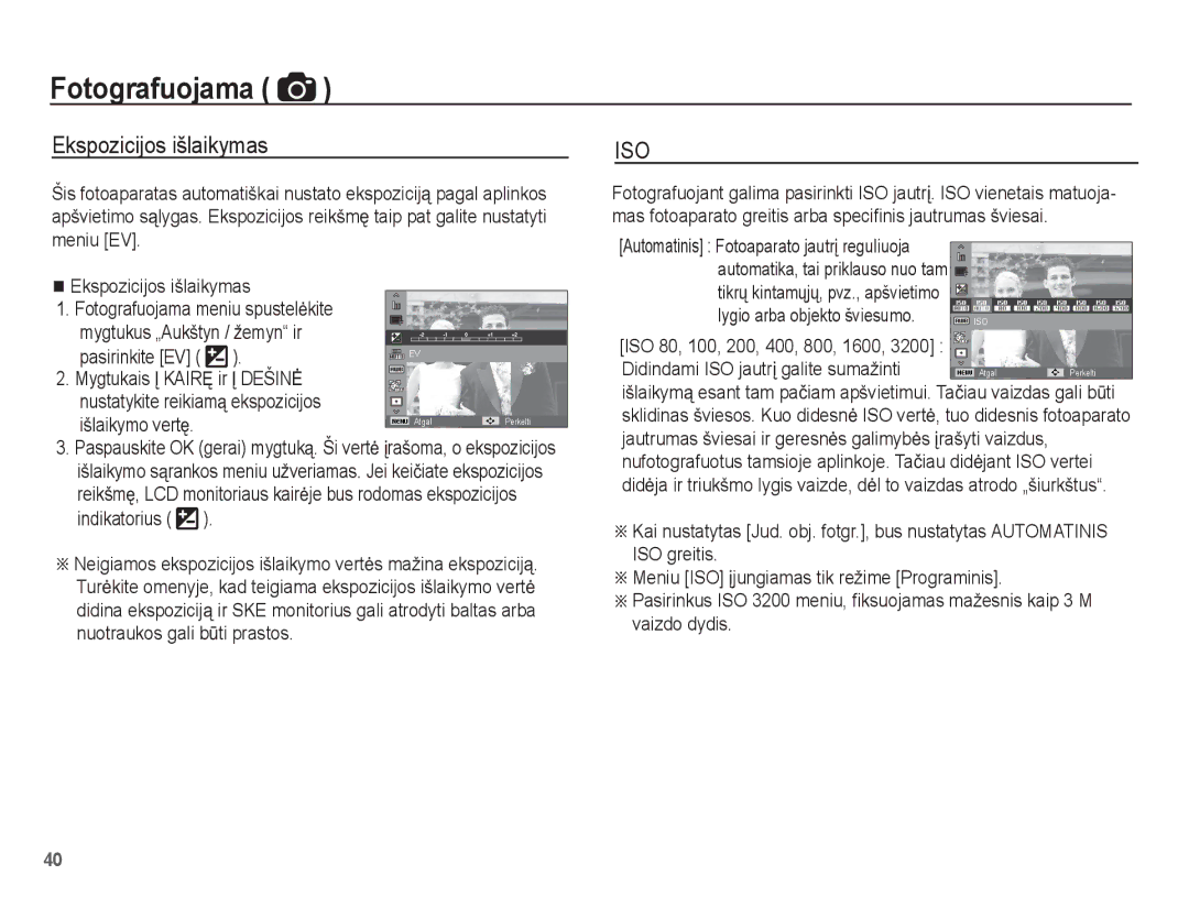 Samsung EC-PL80ZZBPBRU manual Ekspozicijos išlaikymas, ISO 80, 100, 200, 400, 800, 1600, Pasirinkite EV, Išlaikymo vertĊ 