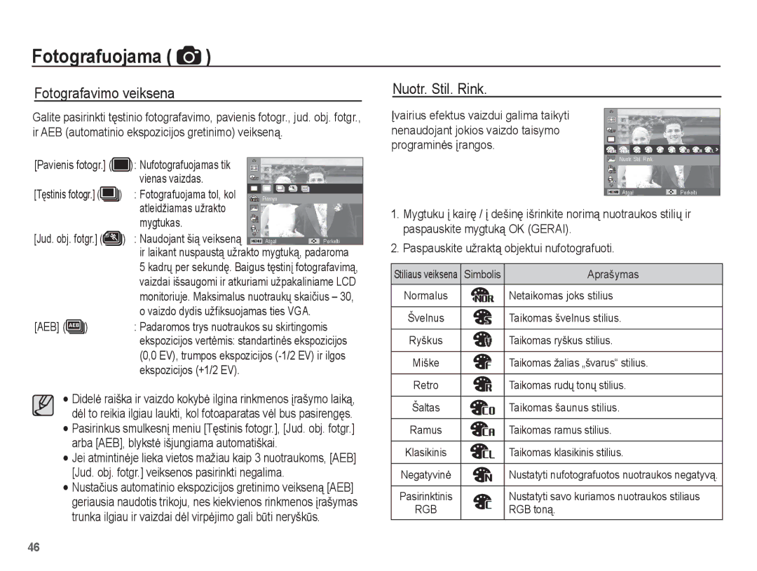 Samsung EC-PL80ZZBPBRU, EC-PL80ZZBPSRU manual Fotografavimo veiksena, Nuotr. Stil. Rink 