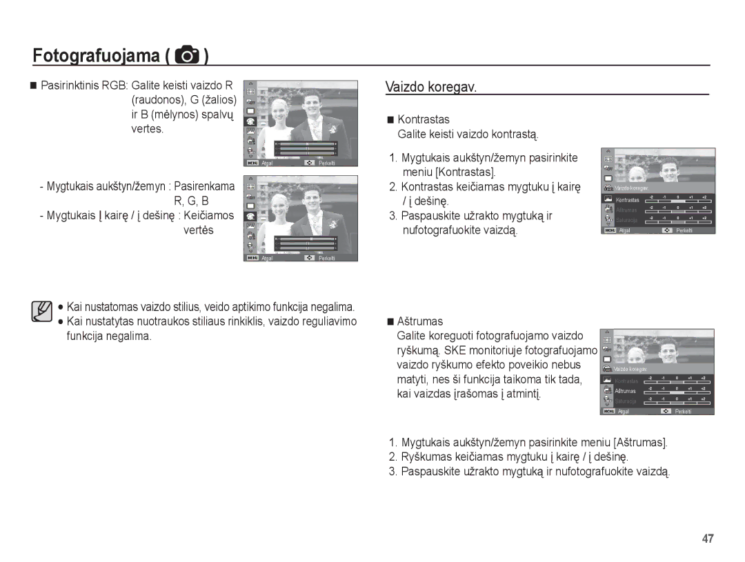 Samsung EC-PL80ZZBPSRU manual Vaizdo koregav, Ir B mơlynos spalvǐ vertes, Aštrumas, Vaizdo ryškumo efekto poveikio nebus 