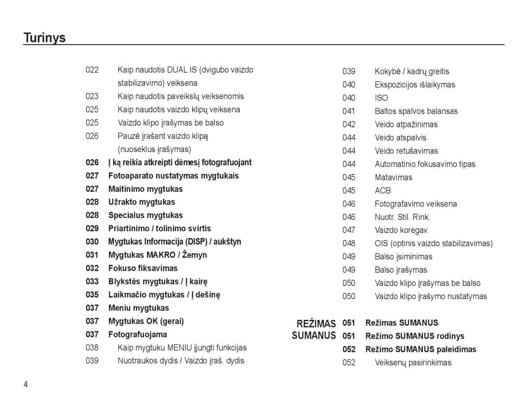 Samsung EC-PL80ZZBPBRU, EC-PL80ZZBPSRU manual Veiksenǐ pasirinkimas 