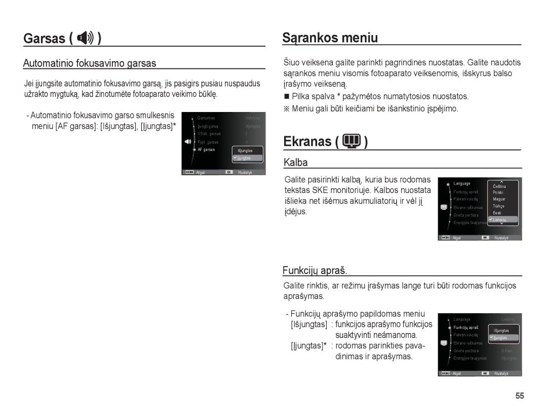 Samsung EC-PL80ZZBPSRU, EC-PL80ZZBPBRU manual Sąrankos meniu, Ekranas, Automatinio fokusavimo garsas, Kalba, Funkcijǐ apraš 