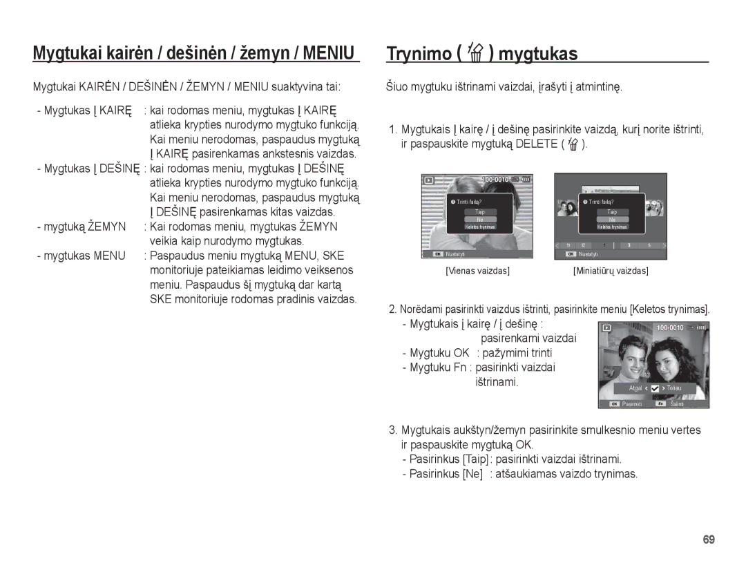 Samsung EC-PL80ZZBPSRU, EC-PL80ZZBPBRU Trynimo Õ mygtukas, Mygtuką Žemyn, Veikia kaip nurodymo mygtukas, Mygtukas Menu 