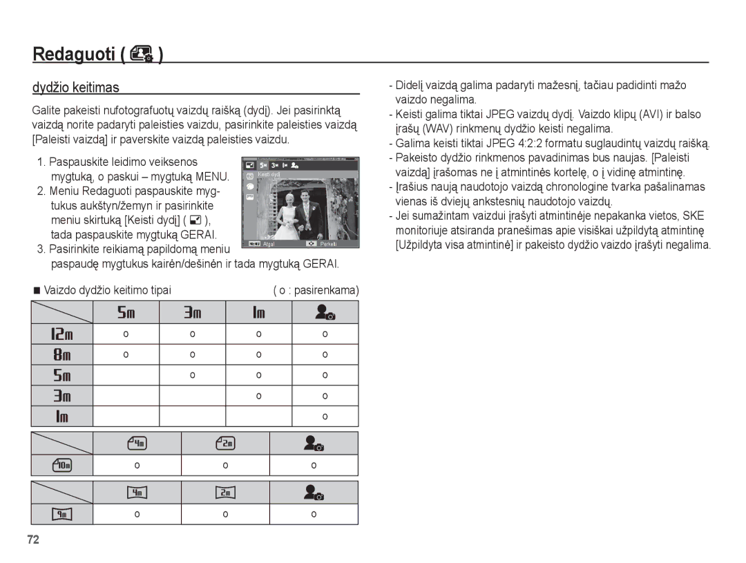 Samsung EC-PL80ZZBPBRU, EC-PL80ZZBPSRU manual Redaguoti, Dydžio keitimas, Paspauskite leidimo veiksenos 