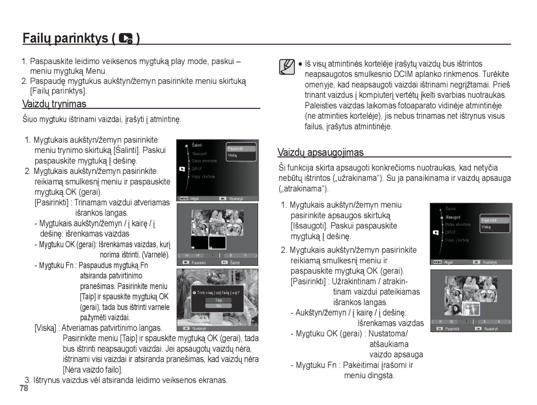 Samsung EC-PL80ZZBPBRU, EC-PL80ZZBPSRU manual Failǐ parinktys, Vaizdǐ trynimas, Vaizdǐ apsaugojimas 