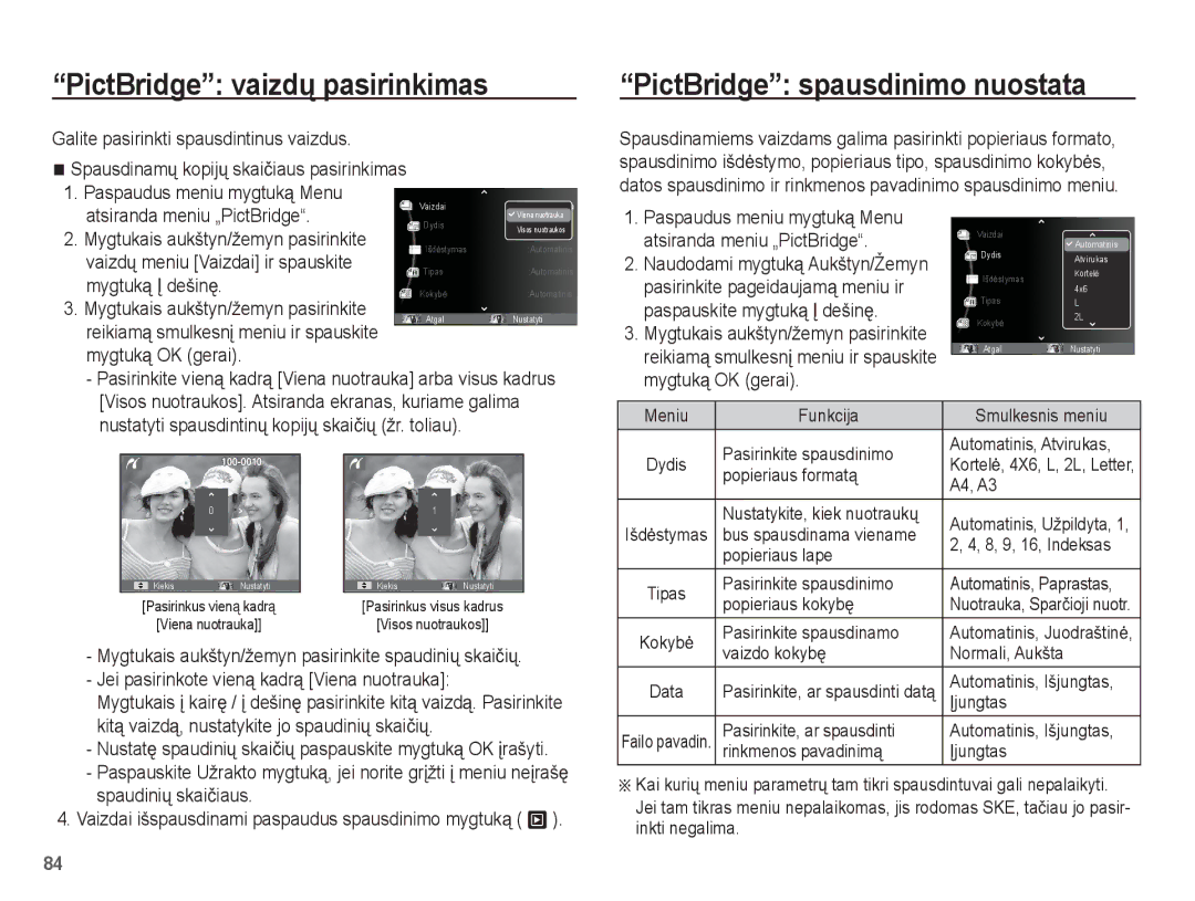 Samsung EC-PL80ZZBPBRU manual PictBridge vaizdǐ pasirinkimas, PictBridge spausdinimo nuostata, Atsiranda meniu „PictBridge 