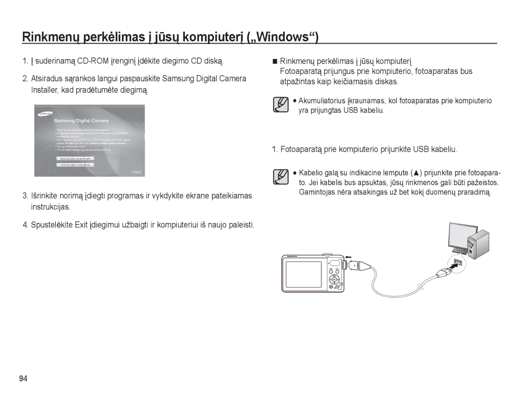 Samsung EC-PL80ZZBPBRU manual Rinkmenǐ perkơlimas Ƴ jǌsǐ kompiuterƳ, Fotoaparatą prie kompiuterio prijunkite USB kabeliu 