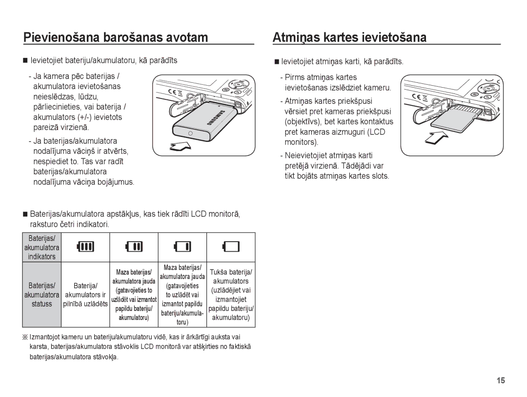 Samsung EC-PL80ZZBPSRU manual AtmiƼas kartes ievietošana, Ievietojiet bateriju/akumulatoru, kƗ parƗdƯts, Baterijas 