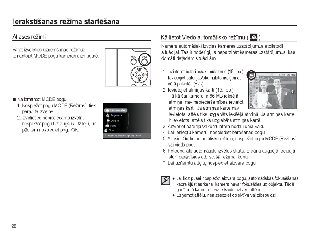 Samsung EC-PL80ZZBPBRU, EC-PL80ZZBPSRU IerakstƯšanas režƯma startƝšana, Atlases režƯmi KƗ lietot Viedo automƗtisko režƯmu 