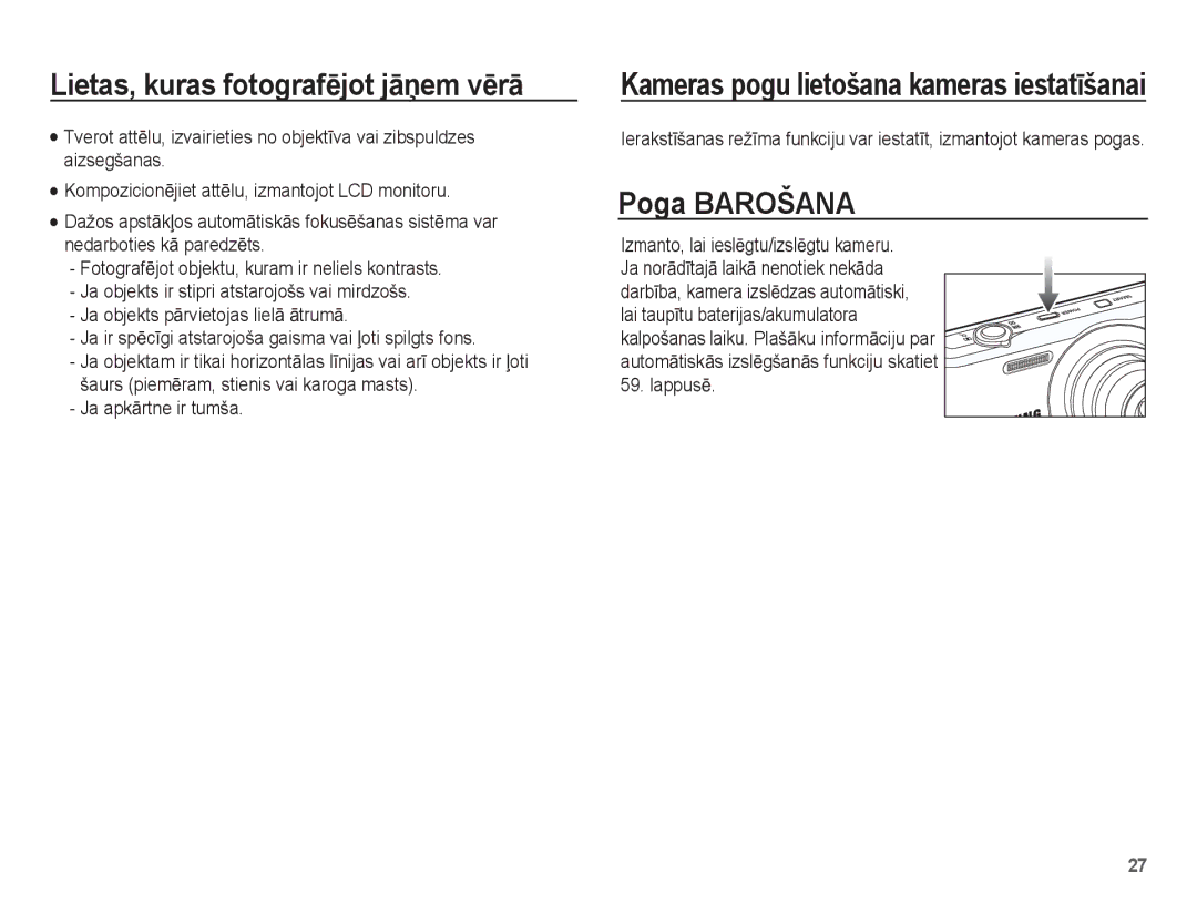 Samsung EC-PL80ZZBPSRU, EC-PL80ZZBPBRU manual Poga Barošana, Ja apkƗrtne ir tumša, LappusƝ 