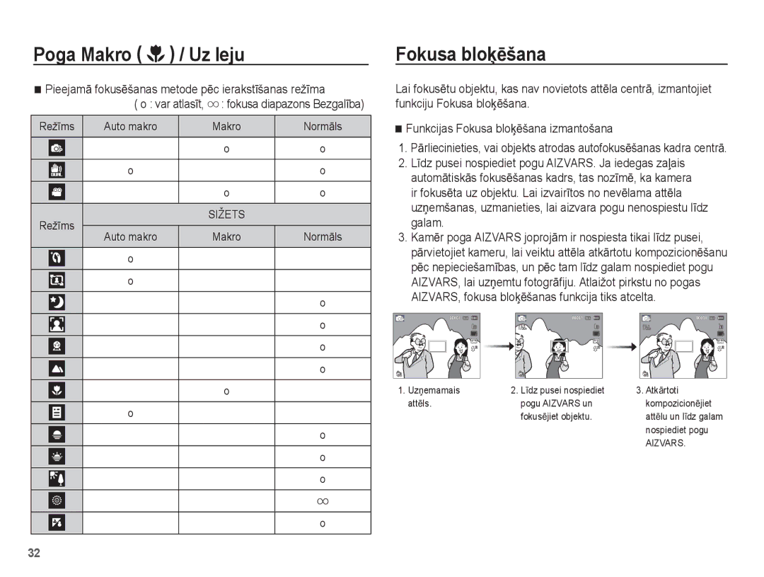 Samsung EC-PL80ZZBPBRU, EC-PL80ZZBPSRU manual Fokusa bloƷƝšana, PieejamƗ fokusƝšanas metode pƝc ierakstƯšanas režƯma 