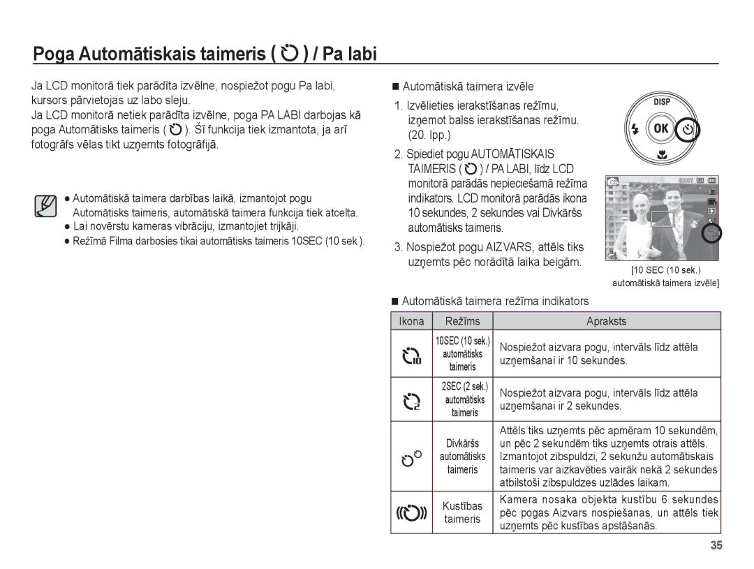 Samsung EC-PL80ZZBPSRU, EC-PL80ZZBPBRU manual Poga AutomƗtiskais taimeris / Pa labi, AutomƗtiskƗ taimera izvƝle 