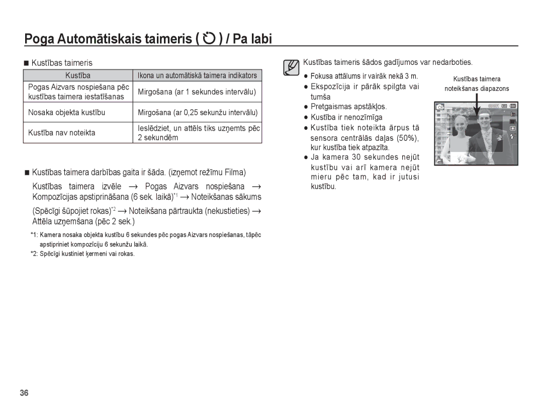 Samsung EC-PL80ZZBPBRU, EC-PL80ZZBPSRU manual KustƯbas taimeris, Pogas Aizvars nospiešana, AttƝla uzƼemšana pƝc 2 sek 