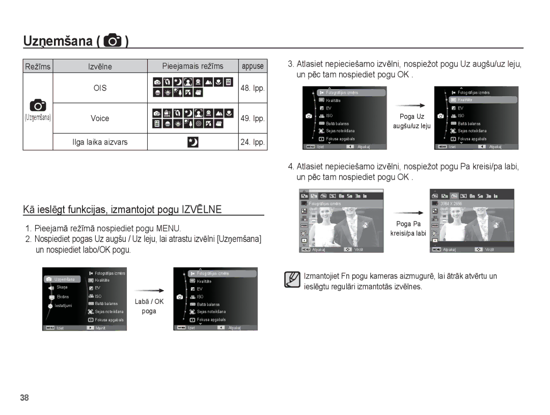 Samsung EC-PL80ZZBPBRU KƗ ieslƝgt funkcijas, izmantojot pogu Izvɯlne, Un pƝc tam nospiediet pogu OK, Pieejamais režƯms 