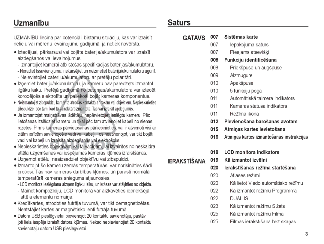 Samsung EC-PL80ZZBPSRU, EC-PL80ZZBPBRU manual UzmanƯbu Saturs, Neievietojiet bateriju/akumulatoru ar pretƝju polaritƗti, 022 