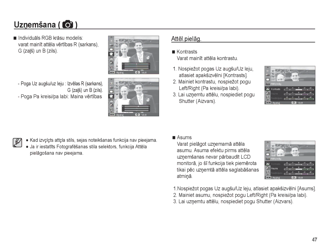 Samsung EC-PL80ZZBPSRU, EC-PL80ZZBPBRU manual AttƝl.pielƗg, Zaƺš un B zils, Kontrasts Varat mainƯt attƝla kontrastu, Asums 