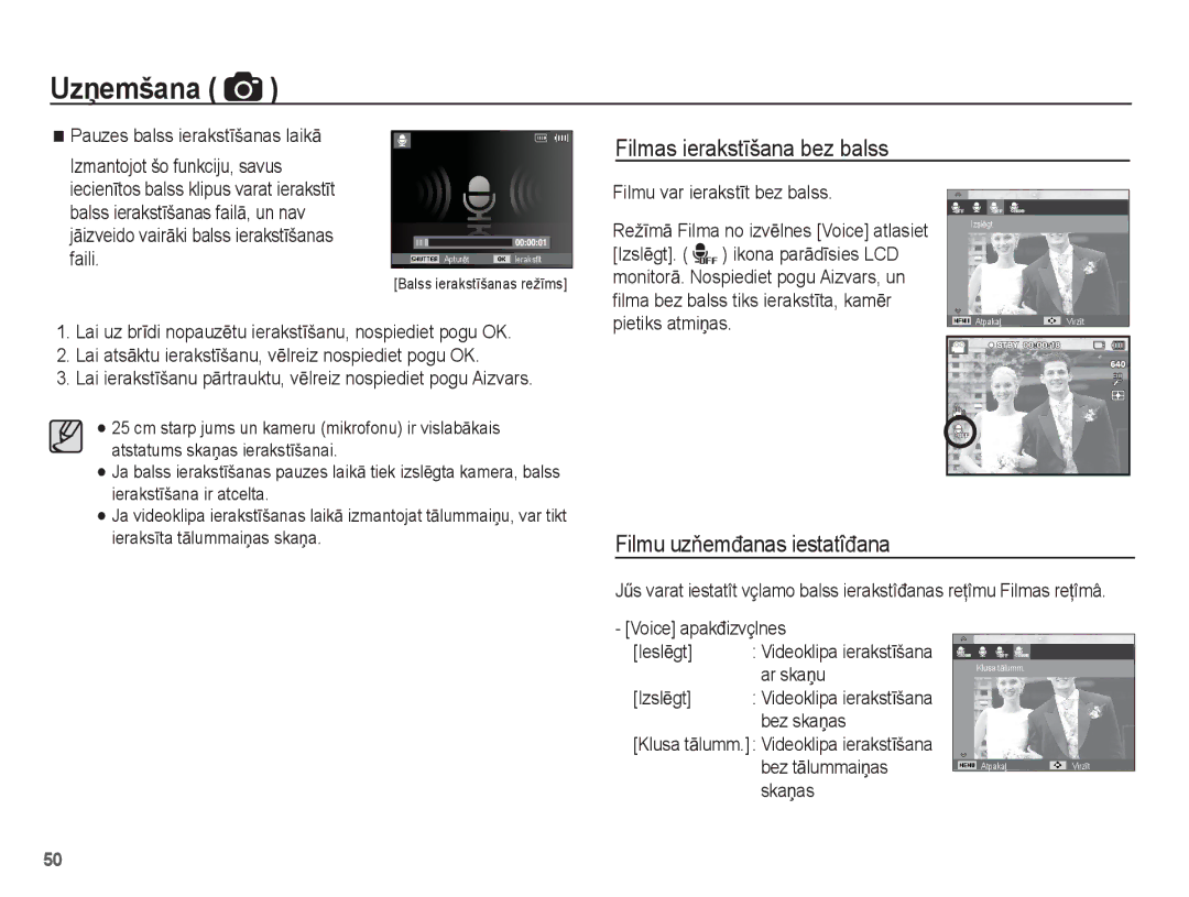 Samsung EC-PL80ZZBPBRU, EC-PL80ZZBPSRU manual Filmas ierakstƯšana bez balss, Filmu uzĖemÿanas iestatîÿana 
