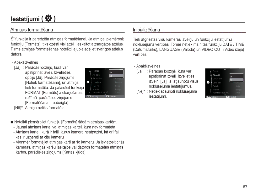 Samsung EC-PL80ZZBPSRU, EC-PL80ZZBPBRU manual IestatƯjumi, AtmiƼas formatƝšana, InicializƝšana, NƝ* AtmiƼa netiks formatƝta 