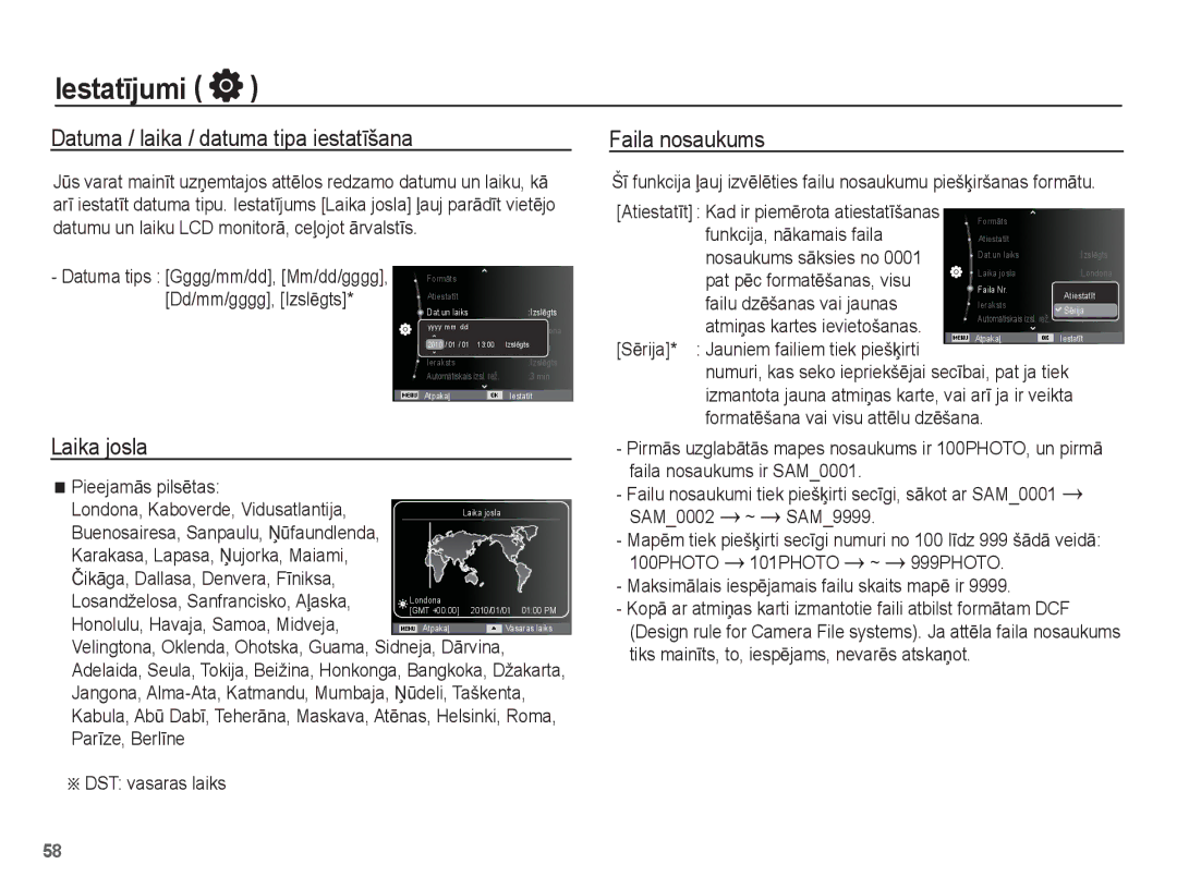 Samsung EC-PL80ZZBPBRU, EC-PL80ZZBPSRU manual Datuma / laika / datuma tipa iestatƯšana, Laika josla, Faila nosaukums 