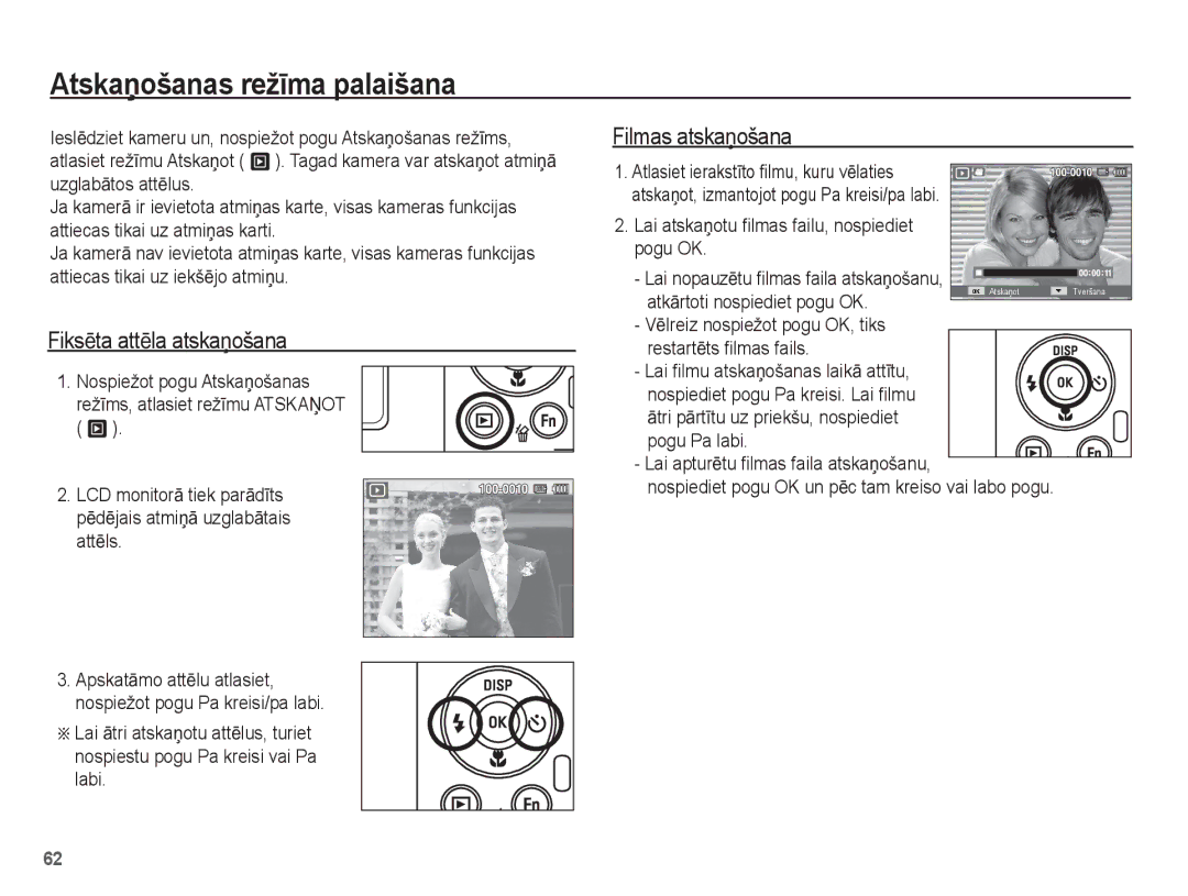 Samsung EC-PL80ZZBPBRU, EC-PL80ZZBPSRU manual AtskaƼošanas režƯma palaišana, FiksƝta attƝla atskaƼošana, Filmas atskaƼošana 