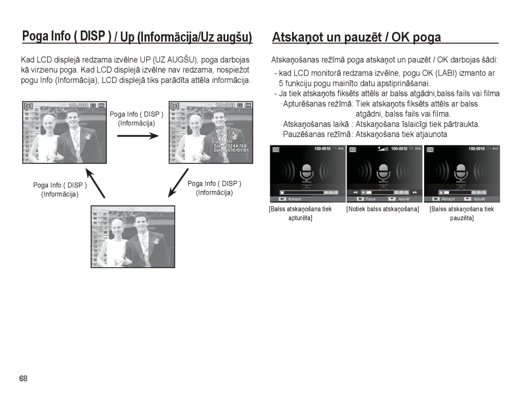 Samsung EC-PL80ZZBPBRU, EC-PL80ZZBPSRU manual AtskaƼot un pauzƝt / OK poga, Poga Info Disp InformƗcija 