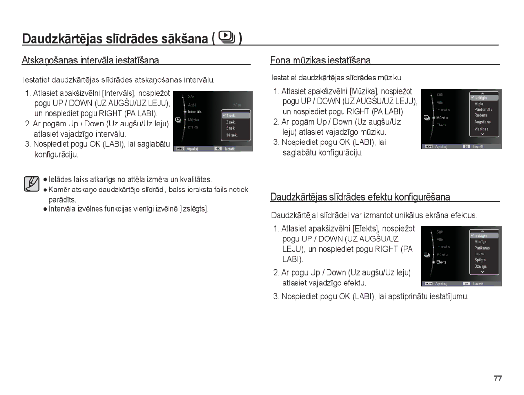 Samsung EC-PL80ZZBPSRU manual AtskaƼošanas intervƗla iestatƯšana Fona mǌzikas iestatƯšana, Atlasiet vajadzƯgo intervƗlu 