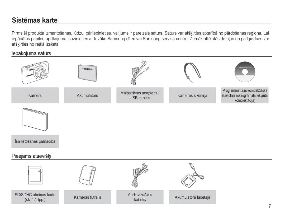 Samsung EC-PL80ZZBPSRU, EC-PL80ZZBPBRU manual SistƝmas karte, Iepakojuma saturs, Pieejams atsevišƷi 