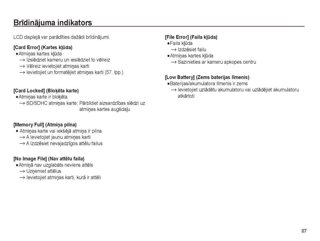 Samsung EC-PL80ZZBPSRU, EC-PL80ZZBPBRU manual BrƯdinƗjuma indikators, LCD displejƗ var parƗdƯties dažƗdi brƯdinƗjumi 