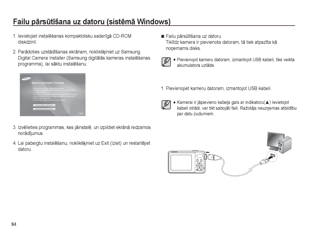 Samsung EC-PL80ZZBPBRU, EC-PL80ZZBPSRU manual Pievienojiet kameru datoram, izmantojot USB kabeli 