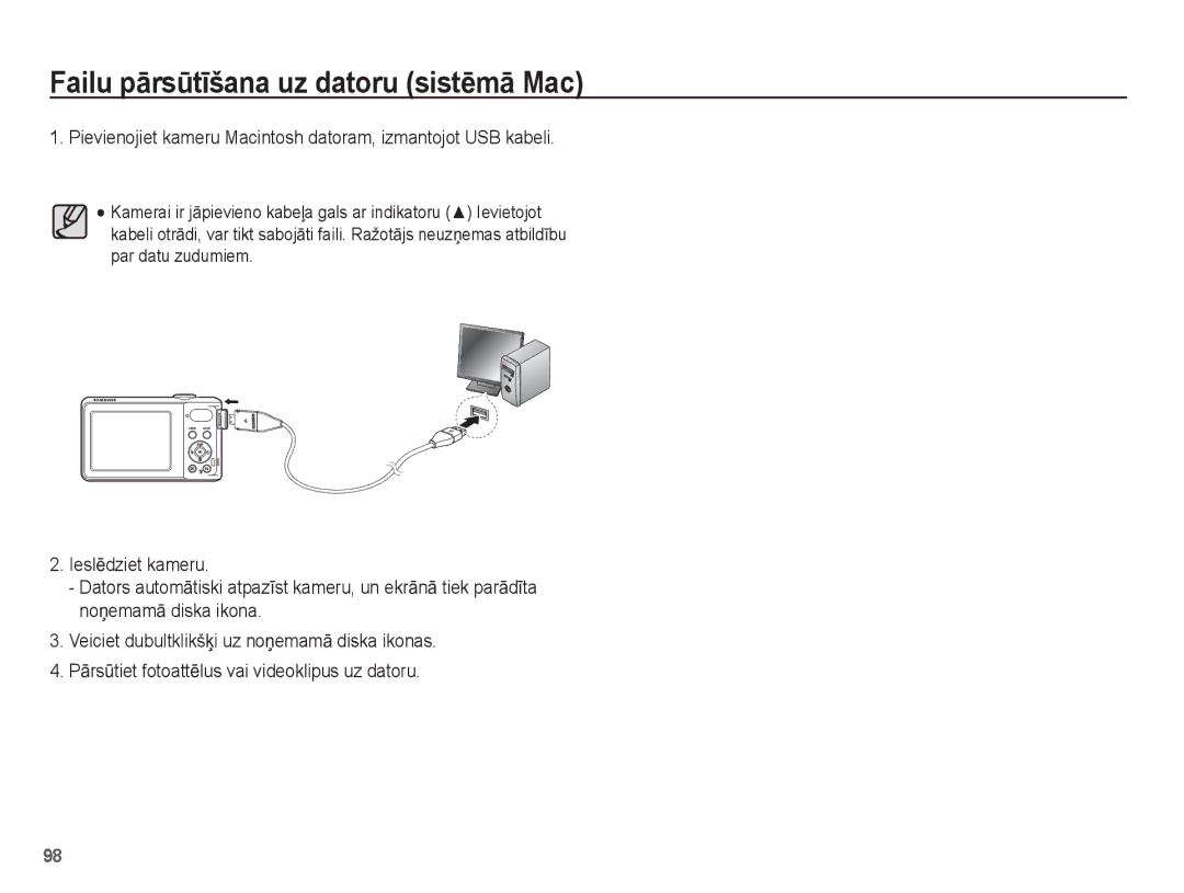 Samsung EC-PL80ZZBPBRU, EC-PL80ZZBPSRU manual Pievienojiet kameru Macintosh datoram, izmantojot USB kabeli 