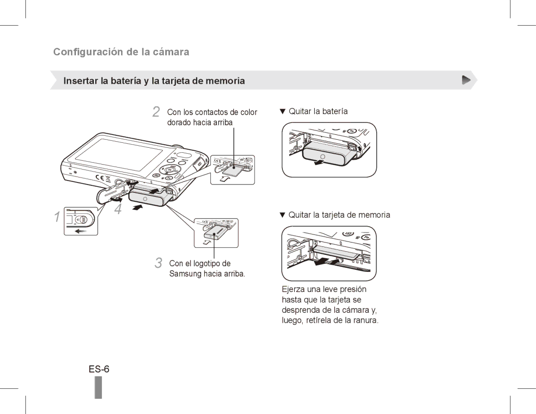 Samsung EC-PL80ZZDPSIR ES-6, Insertar la batería y la tarjeta de memoria, Con los contactos de color, Dorado hacia arriba 