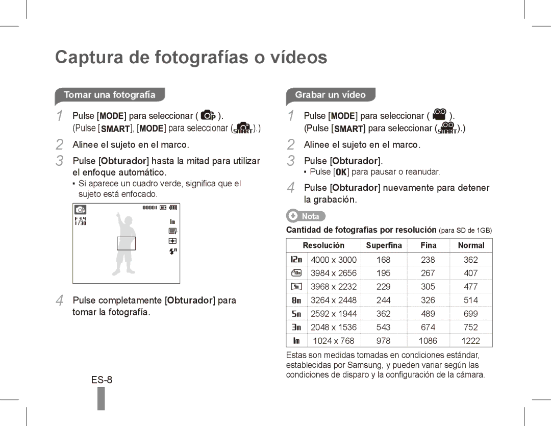 Samsung EC-PL80ZZBPLSA, EC-PL81ZZBPRE1, EC-PL81ZZBPBE1 manual Captura de fotografías o vídeos, ES-8, Grabar un vídeo 